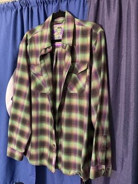 DIXXON Cab Green and Purple Plaid Casual Button-Down Shirt